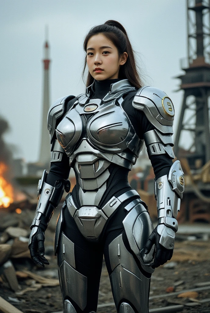 A Korean girl wearing a sexy mecha armour. Her armor has a large open chest. High-resolution Film photo taken in a future war.