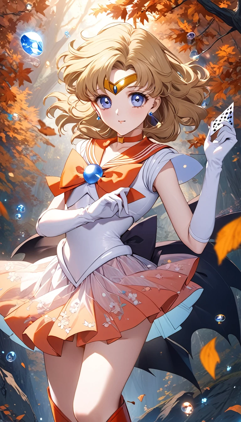 (Perfect Anatomy)、Mastepiece、Ultra High Quality、 8k、masterpiece、Highest quality、Ultra-high resolution、Maximum resolution、Very detailed、Professional Lighting、anime、woman、thin、Very beautiful face、Very beautiful eyes、(Highly detailed eye)、Highly detailed face、Sailor VENUS、tiara、Sailor Warrior Uniform、ORANGE Skirt、ORANGE sailor collar、RED knee boots、choker、White gloves、ORANGE choker、jewelry、Earrings、Pleated skirt, gloves, she wears long boots, transparent light white and GOLD pastel embroidery gown that looks like it's made of flowers, adorned with intricate floral patterns and luminous beads and flying CRYSTAL BUBBLES that catch the light. There are bats flying around. A male vampire with a witch female. The guy has blond wavy hair, red eyes, and pale skin. Witch has long dark hair. Full body pose, perfect body anatomy. Perfect faces, SHE has big, voluminous hair and a small, HOLDING PLAYING CARDS. She is looking directly into the lens, with the entire image toned in an LIGHT RED PASTEL palette, reflecting the color of the hair, BAT FLYING and dried leaves. IN SWISS VALLEY ALPS NATURE