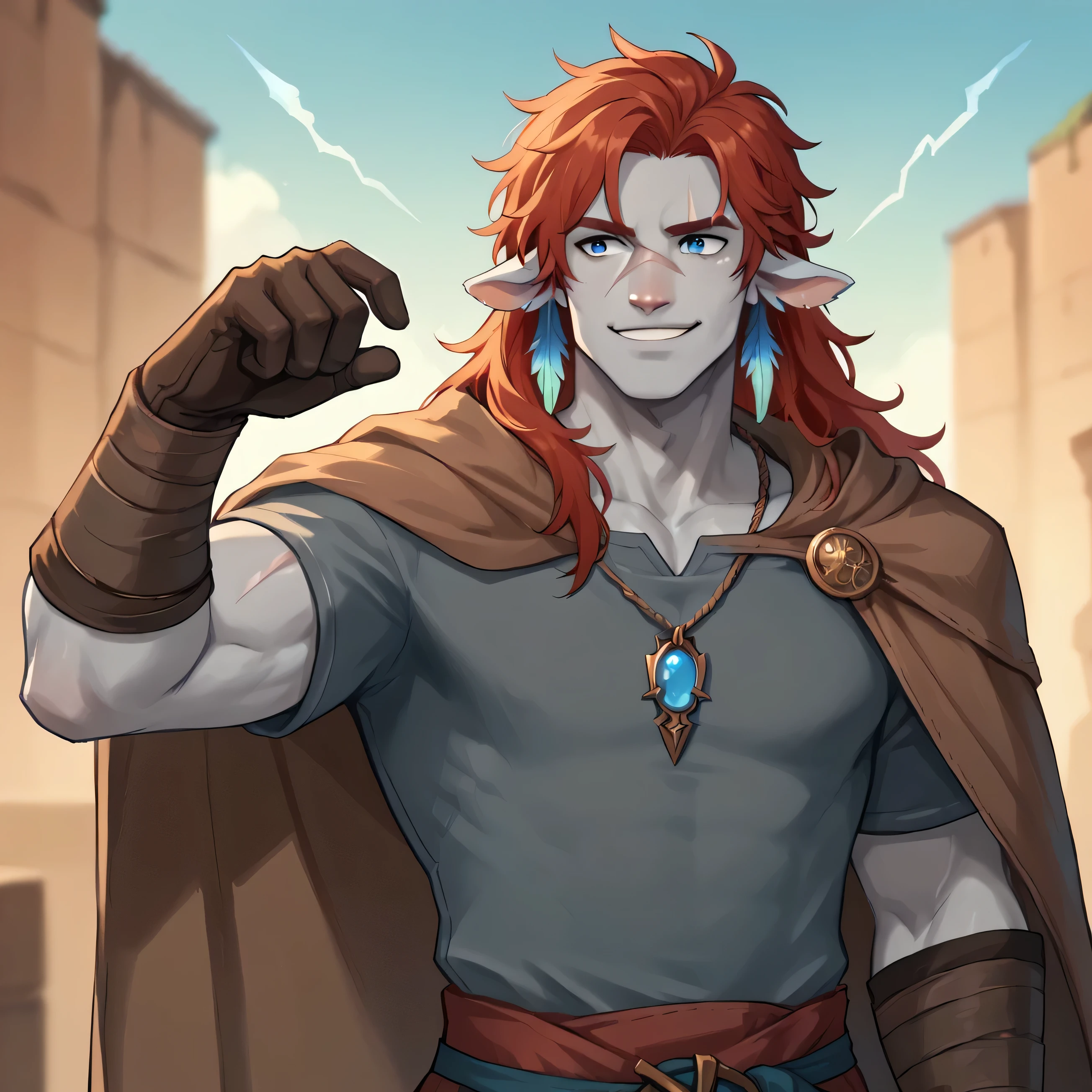 (((beautiful, high quality))), score_9, score_8_up, score_7_up, Firbolg, furry, big nose, big nose, animal ears, 1boy,1 person, male focus, grey skin, brown/red long hair, iceblue eyes, handsome face, (grey shirt), brown Cape, scar in his face, slimm bodytype, silver necklace with a blue gem, underarm and hands and fingers wrapped in bandages, smiling, fire and lightning around his fists, fantasy background, blurred background, gloves, feather earrings