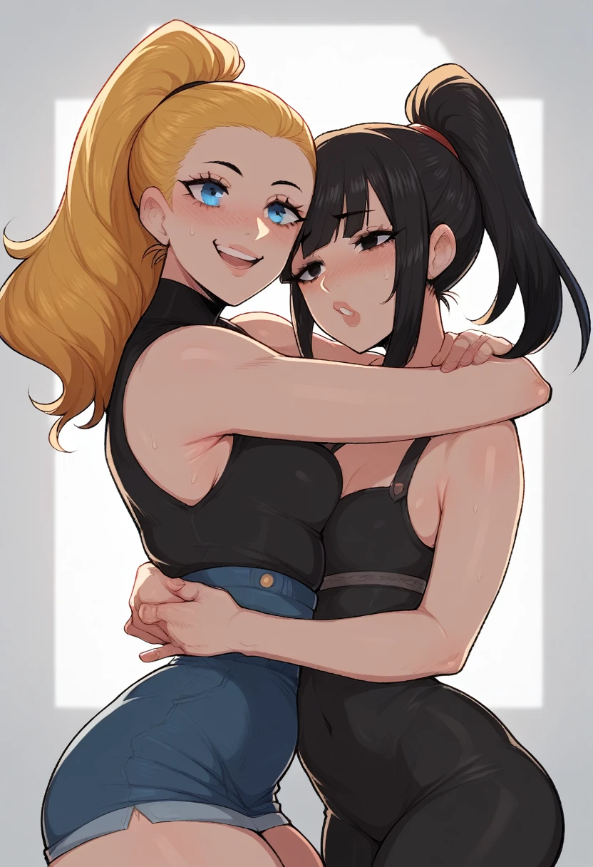 Two girls, Sexy girl, long black hair, girl, yellow ponytail hair, small breast, curvy, hug, Blue eyes, black eyes