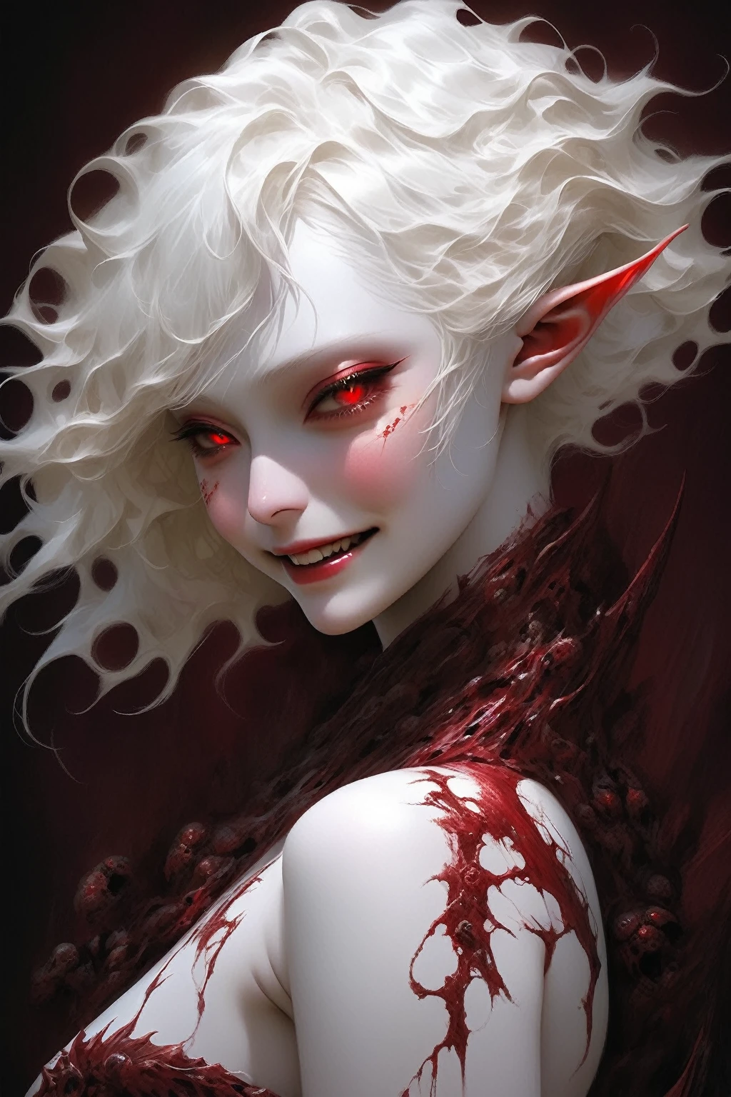  Japanese albino elf girl with short wavy hair, white body,  deep red eyes, a big smile and blood pouring from her neck , big breasts,  small nipples, desnuda 