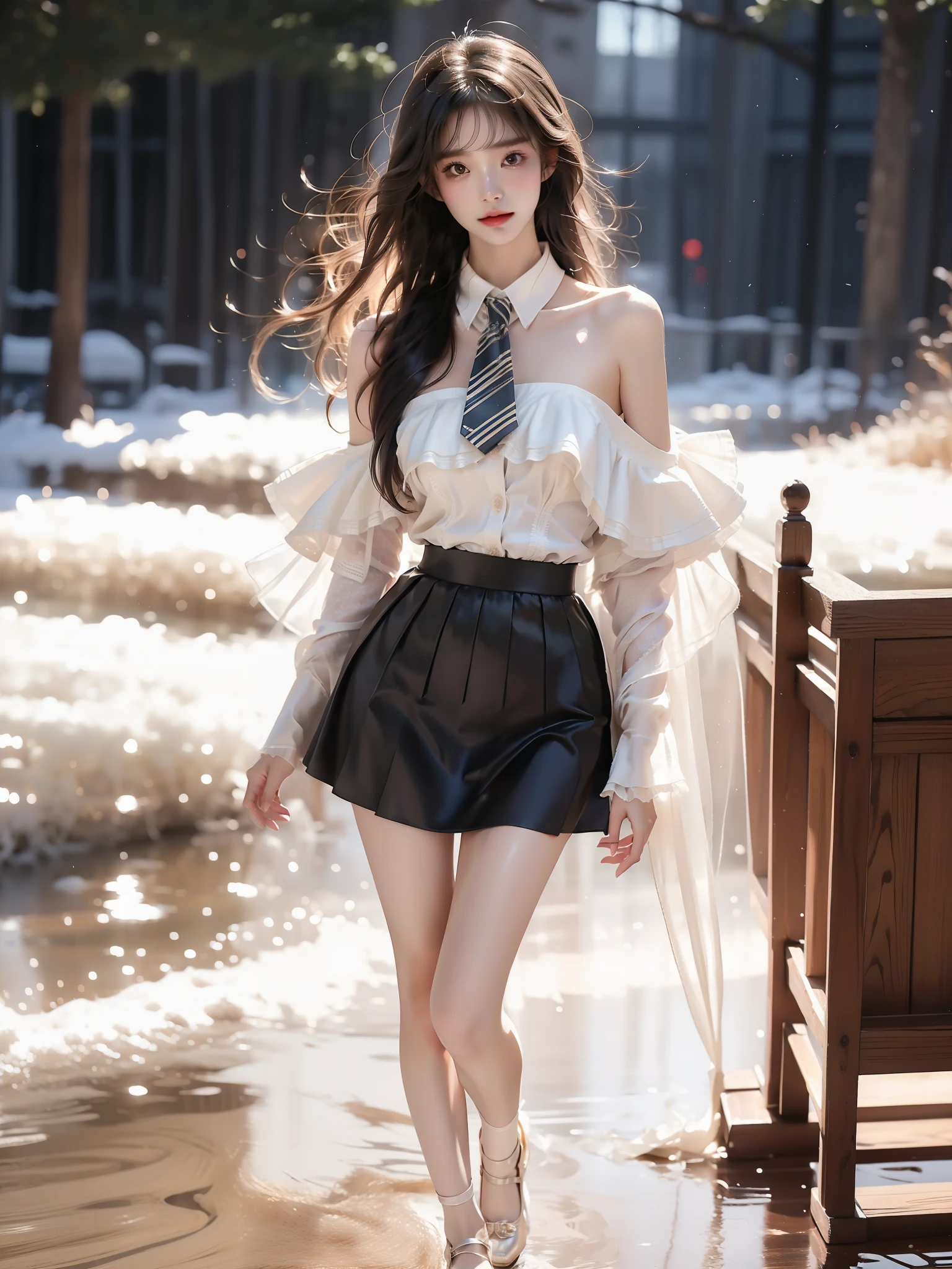 cyb dress, collared shirt, long sleeves, necktie, capelet, frills, badge, long dress ,((full body)), ((single bare shoulder)), (Asian beauty: 1.3), girl, solo, ((short skirts, miniskirt, very short hemline)), (toned body: 1.2), (naturally large breasts: 1.1), (visible cleavage: 0.8), (smooth flawless skin: 1.2), (perfect anatomical proportions: 1.3), (anatomically correct legs: 1.3), (elegantly long legs: 1.3), 1.1) (a playful girl, one hand running through her long hair, the other lifting her skirt slightly), (detailed features: 1.2), (big bright eyes: 1.1), (long eyelashes: 1.1), charming smile, gentle and confident expression, Head slightly tilted, long flowing hair, (night scene: 1.1), (starry sky: 1.0), (space background: 0.9), (professional soft light: 1.2), (warm tone: 1.1), (Masterpiece: 1.4), (Super Detail: 1.3), (Sharp focus: 1.2), (Realistic: 1.2), (Hi-Fi: 1.1)