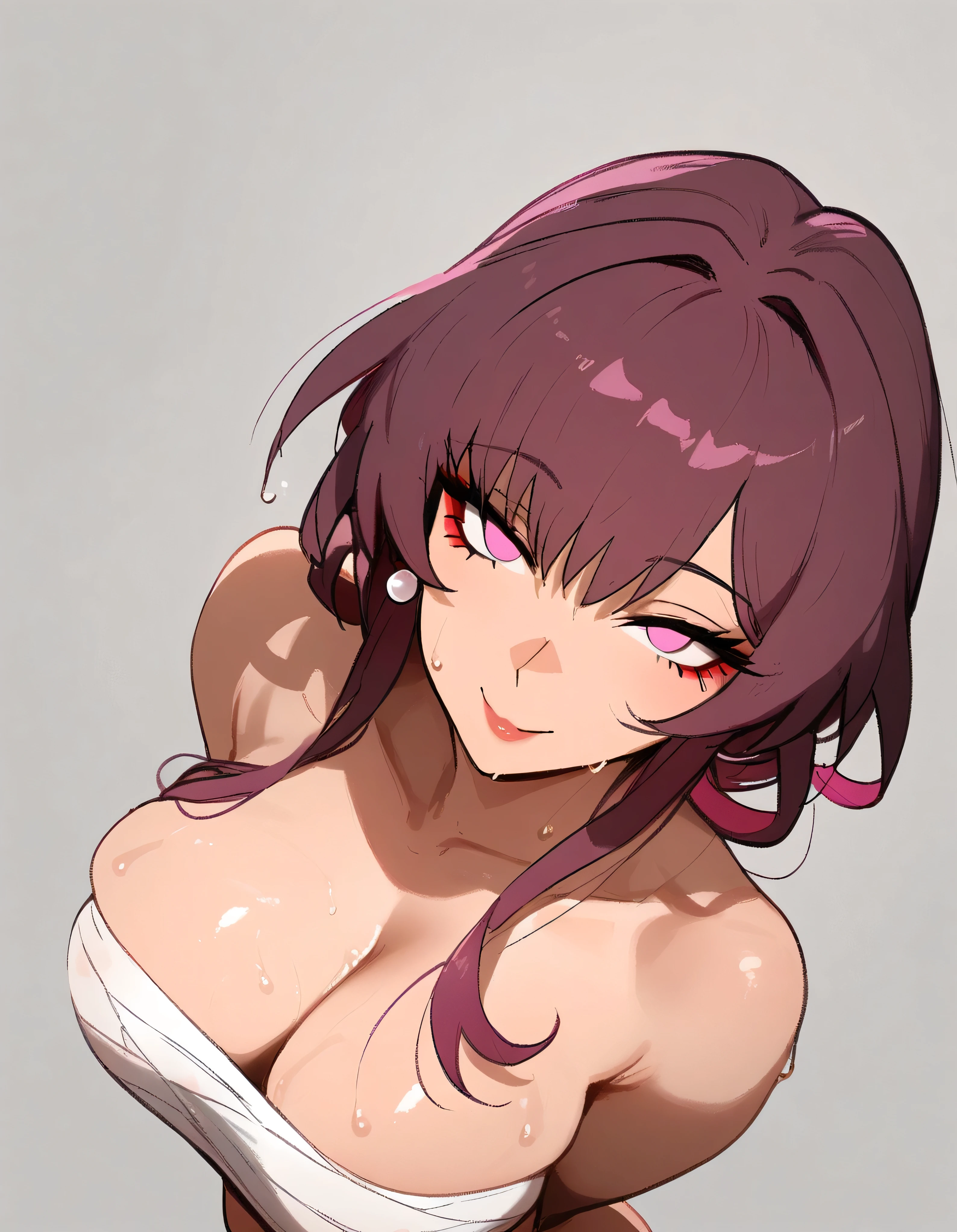 1girl, kafka \(honkai: star rail\), honkai \(series\)
\\\\\ masterpiece, best quality, newest ///// nyantcha, khyle, cutesexyrobutts \\\\\ thin waist, solo, nude,naked, looking at viewer, big breasts, wet, sweat, shiny skin, grey background, simple background, naughty face, sarashi,collarbone, upper body, from above
