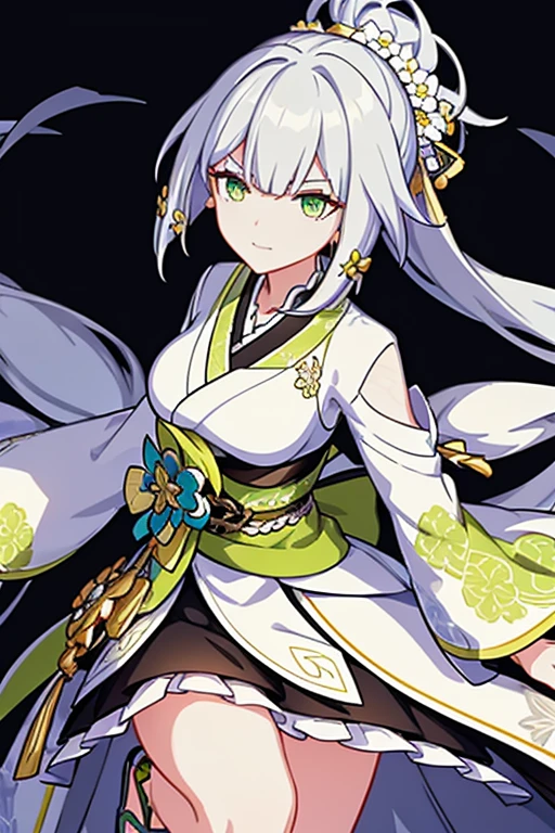 a beautiful ethereal striking mature anime women with silver hair styled in a layered and slightly messy manner. The hair is tied up in a high, spiky ponytail, with strands falling around her face She has striking green eyes with lean and athletic build wearing a multi-layered kimono-style outfit. The outer layer includes green, white and black beige scheme with floral and decorative patterns  Her sleeves are long, flowing, and highly detailed, with one sleeve green and decorated with floral accents, while the other is more subdued with subtle flower-like embellishments torso features layered pieces, including a silver sash adorned with a flower motif at her waist she wears a short, flared silver skirt with flower motifs wearing silver green sandals on her feets floating in mid-air drawing her katana suggesting readiness for combat with one leg extended forward and the other bent, combat-ready, defensive pose she has confident smile and arrogant expression on her face surround with green silver wind domain