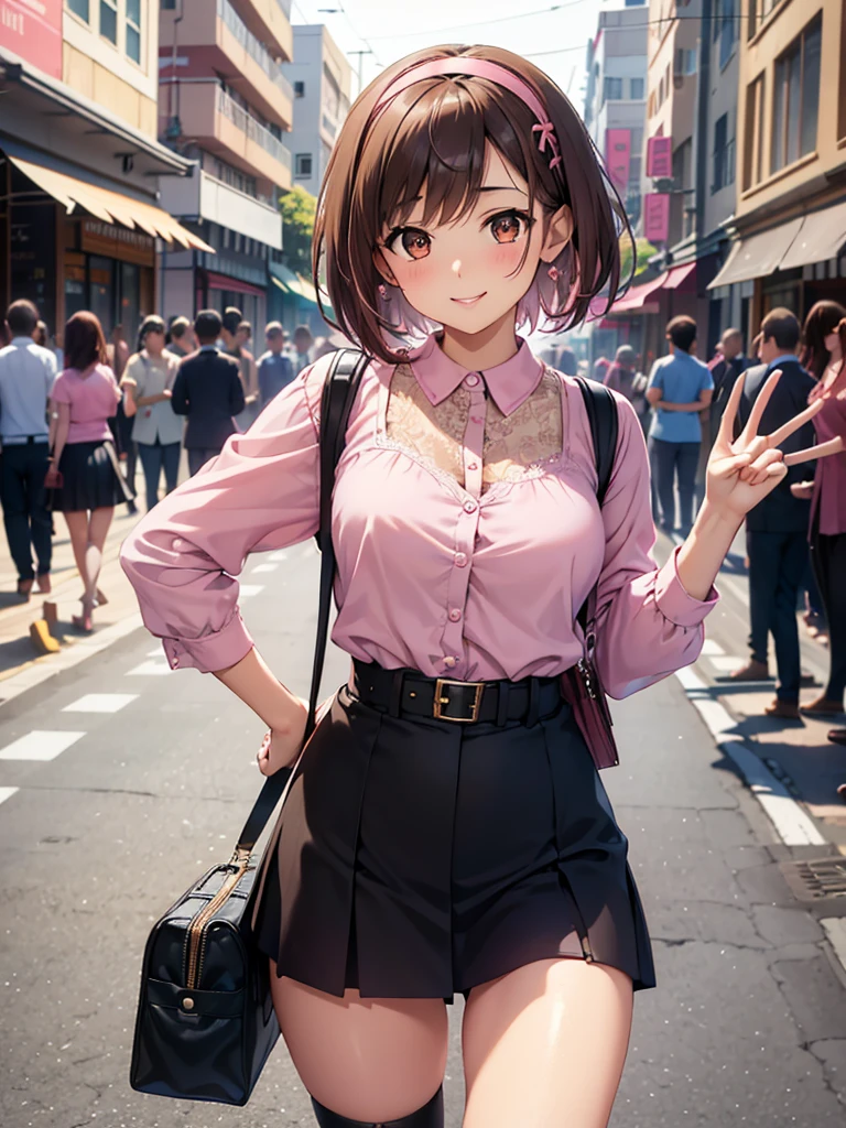  Kampala,cute, Brown Eyes ,Brown Hair,20-year-old woman,solo,Five beautiful fingers, pink blouse with lace , black miniskirt with lace, pink hair band , landmine fashion,smile,B Cup, short hair,Blurred Background,bustling street,Hold up the SLR camera ,