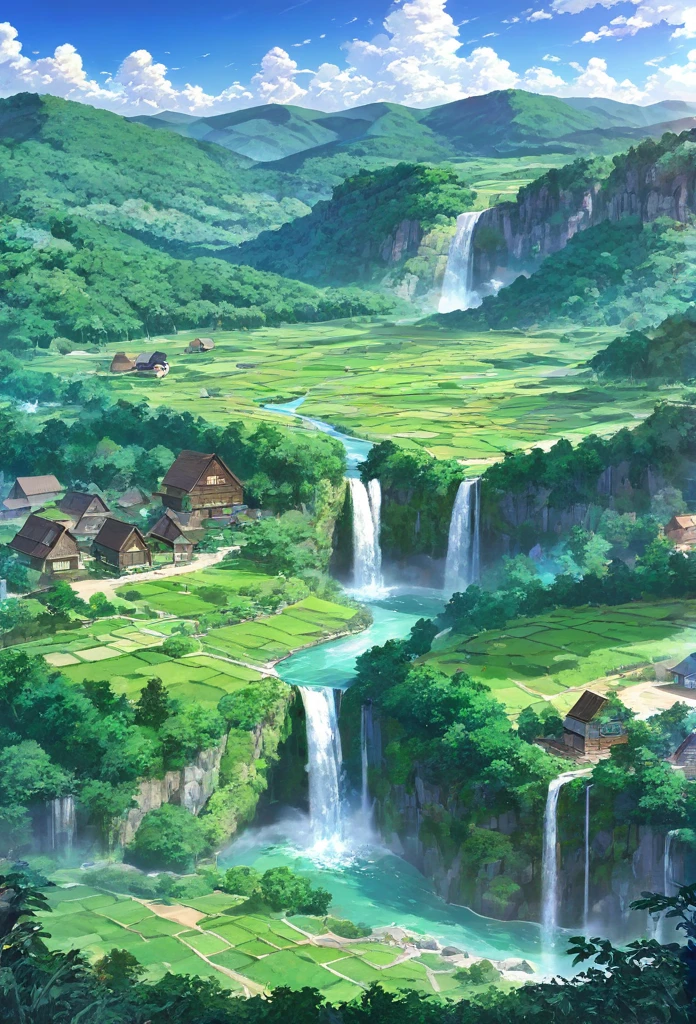  A magnificent valley . 
 With verdant forests ,  a village with simple houses at the bottom of the valley .
 A waterfall falling from the mountain and forming a waterfall.
Stamble diffuser . 
live cores.
wallpaper, 32k, hdr, UHD. 