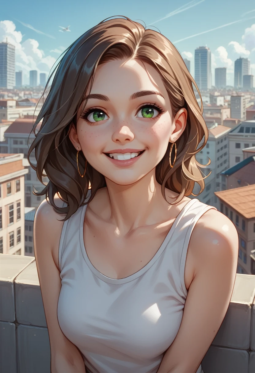 1 Girl, (Erica) Posing in front of the camera, (Looking at the audience:1.2),cute smile, roof, Cityscape background,upper body,