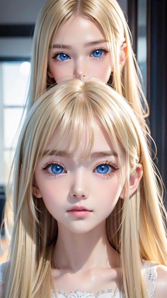  Super Long Blonde Straight Hair 、 beautiful facial hair between eyes 、 very cute beautiful sexy teenage young girl、 very perfect beautiful cute face、 clear, beautiful, bright, shining, thin, light blue, very big eyes 、 very big cute eyes 、Small Face Beauty、 CHEEK HIGHLIGHTS 、White bright, shiny, glossy skin 、