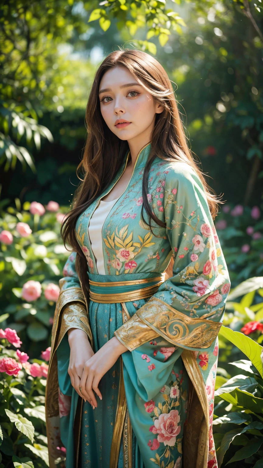 Elizabeth olsen, A beautiful woman with intricate details, Elizabeth Olsen, standing in a lush, colorful garden filled with vibrant flowers, wearing a vintage-inspired costume, realistic, high quality, 8k, masterpiece, hyper-detailed, vivid colors, warm lighting, cinematic, intricate folds in the fabric, soft bokeh background, graceful pose, serene expression