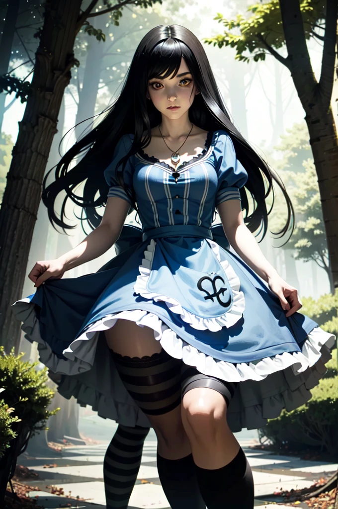 alicehorror,  1girl, One, striped, stockings,  cosplay , striped stockings,  black hair , Alice (Alice in wonderland), dress, tree,  Long hair, apron, Alice (Alice in wonderland) ( cosplay ),  jewelry , necklace
,masterpiece,  Best quality ,   cinematic lighting ,beautiful figure,beautiful legs.
