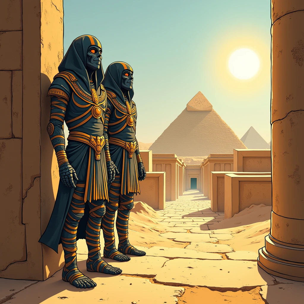  Ancient Egypt, Two bandaged mummies stand near the tomb, The Funny and the Funny Eat Cookies , The sands , desert,  Bright scorching sunlight ,  The winds are blowing ,  Ancient Columns and the Path Through Them to the Tomb, pyramids , masterpiece, bright colors,  complex details, 8 k,  cartoon style, large scale,