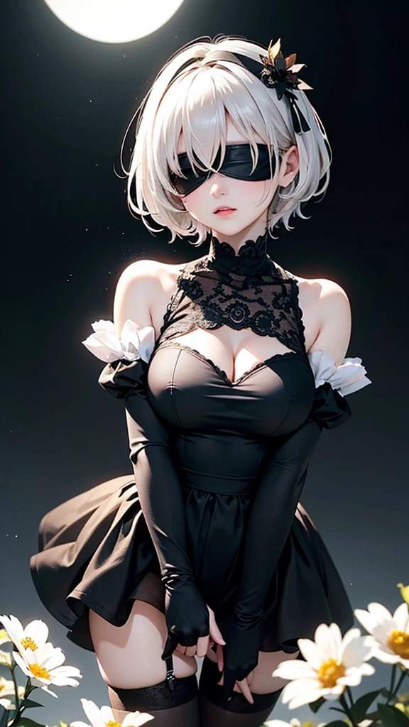 A solitary female figure embodying the essence of "Yorha No. 2 Type B." She is adorned in an elegant black dress featuring puffy sleeves and a daring clothing cutout, accentuating her large breasts. Her attire is complemented by black thigh-high stockings and gloves, highlighting her poised stance. The character's striking white hair is styled in short bangs, adorned with a black hairband, while a black blindfold covers her eyes, adding an air of mystery. A delicate white flower rests in her hair, contrasting beautifully with her overall dark ensemble. The presence of a symbolizing strength and readiness, completes her formidable appearance. Describe this character's demeanor and the emotions she evokes, focusing on her serene yet powerful aura.