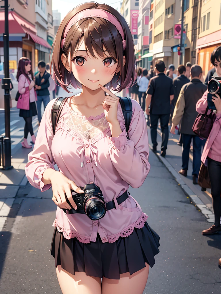  Kampala,cute, Brown Eyes ,Brown Hair,20-year-old woman,solo,Five beautiful fingers, pink blouse with lace , black miniskirt with lace holding a SLR camera, pink hair band , landmine fashion,smile,B Cup, short hair,Blurred Background,bustling street,Take a picture of someone with an SLR camera,