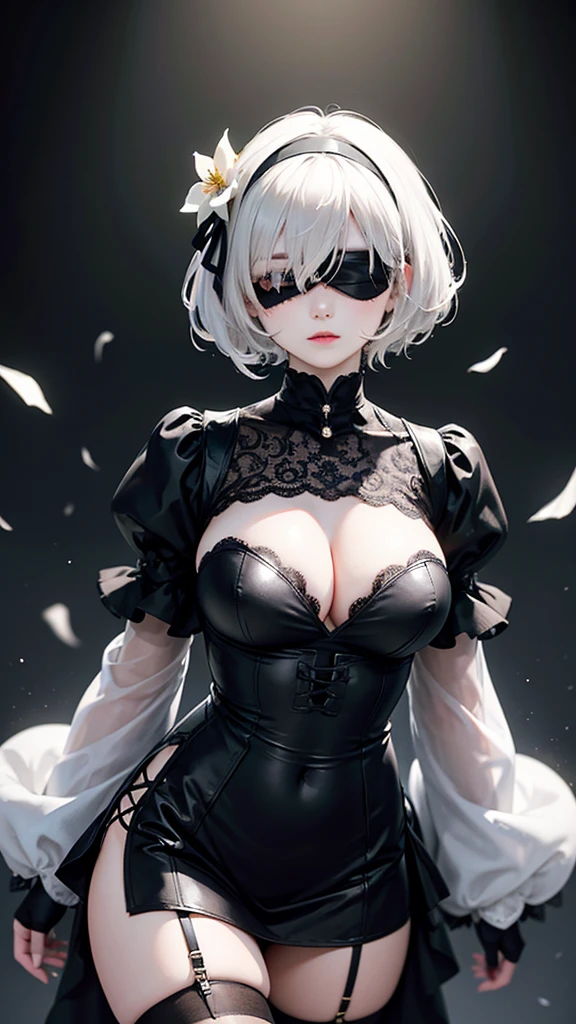 A solitary female figure embodying the essence of "Yorha No. 2 Type B." She is adorned in an elegant black dress featuring puffy sleeves and a daring clothing cutout, accentuating her large breasts. Her attire is complemented by black thigh-high stockings and gloves, highlighting her poised stance. The character's striking white hair is styled in short bangs, adorned with a black hairband, while a black blindfold covers her eyes, adding an air of mystery. A delicate white flower rests in her hair, contrasting beautifully with her overall dark ensemble. The presence of a symbolizing strength and readiness, completes her formidable appearance. Describe this character's demeanor and the emotions she evokes, focusing on her serene yet powerful aura.