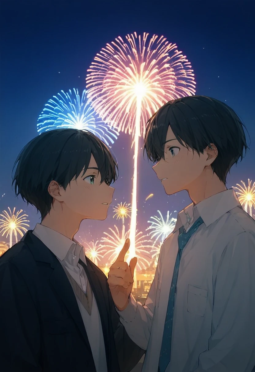  there are two men。 they are a tall teacher and a high school student 。The two seem to be having fun 。dating between guys。Take a commemorative photo with fireworks in the background。