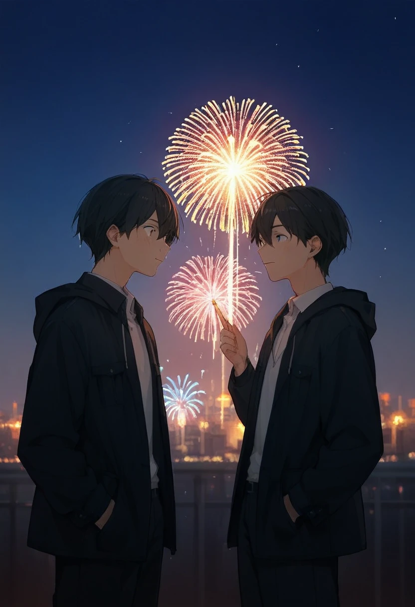  there are two men。 they are a tall teacher and a high school student 。The two seem to be having fun 。dating between guys。Take a commemorative photo with fireworks in the background。