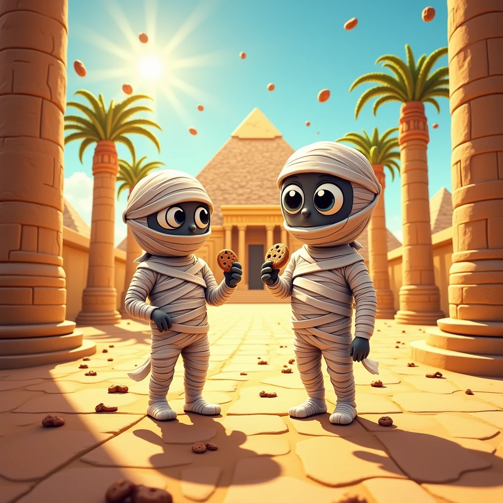  Ancient Egypt, Two bandaged mummies stand near the tomb, The Funny and the Funny Eat Cookies , The sands , desert,  Bright scorching sunlight ,  The winds are blowing ,  Ancient Columns and the Path Through Them to the Tomb, pyramids , masterpiece, bright colors,  complex details, 8 k,  cartoon style, large scale,