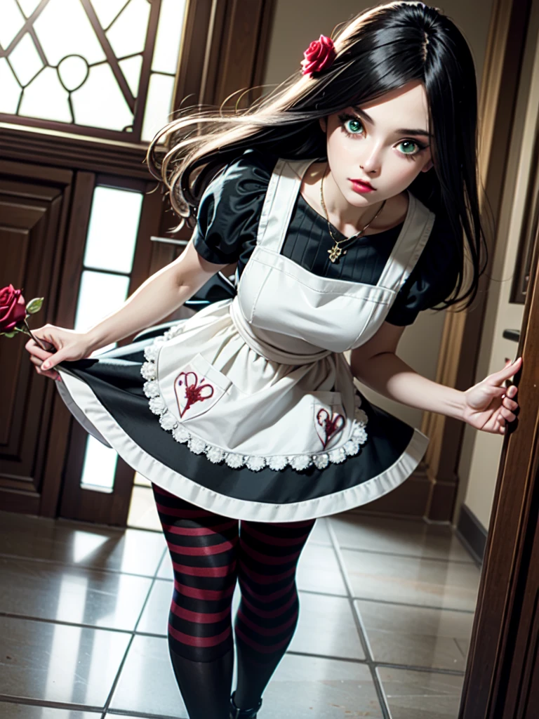 (masterpiece,  Best quality )
, 1 girl, One,  black hair , flower, dress, rose, Blood,  Long hair,  jewelry , apron, necklace,  green eyes , moon, red flower, red rose , 1 girl, One,  black hair , flower,  hair ornament , hair flower, pale skin, draw,  Long hair,  green eyes , dress, pomade, necklace,  jewelry , rose,  I look at the viewer, red lips ,masterpiece,  Best quality ,   cinematic lighting  , American McGee's Alice. Alice: Madness Returns , 1 girl,  black hair , butterfly, striped,  Long hair, One, error, tights, striped tights, dress, Blood, apron, draw,masterpiece,  Best quality ,   cinematic lighting  ,  black hair ,beautiful legs,nice waist,beautiful figure,slender legs,different angles,  Sexual angles .