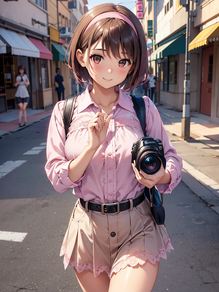  Kampala,cute, Brown Eyes ,Brown Hair,20-year-old woman,solo,Five beautiful fingers, pink blouse with lace , black miniskirt with lace holding a SLR camera, pink hair band , landmine fashion,smile,B Cup, short hair,Blurred Background,bustling street,Take a picture of someone with an SLR camera,