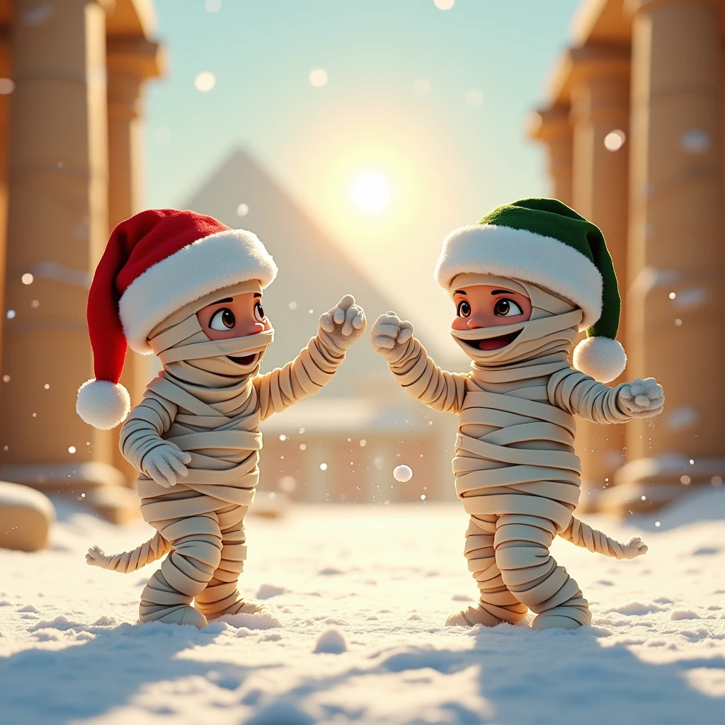  Ancient Egypt, Two bandaged mummies stand near the tomb, The Funny and the Funny Eat Cookies , The sands , desert,  Bright scorching sunlight ,  The winds are blowing ,  Ancient Columns and the Path Through Them to the Tomb, pyramids , masterpiece, bright colors,  complex details, 8 k,  cartoon style, large scale,