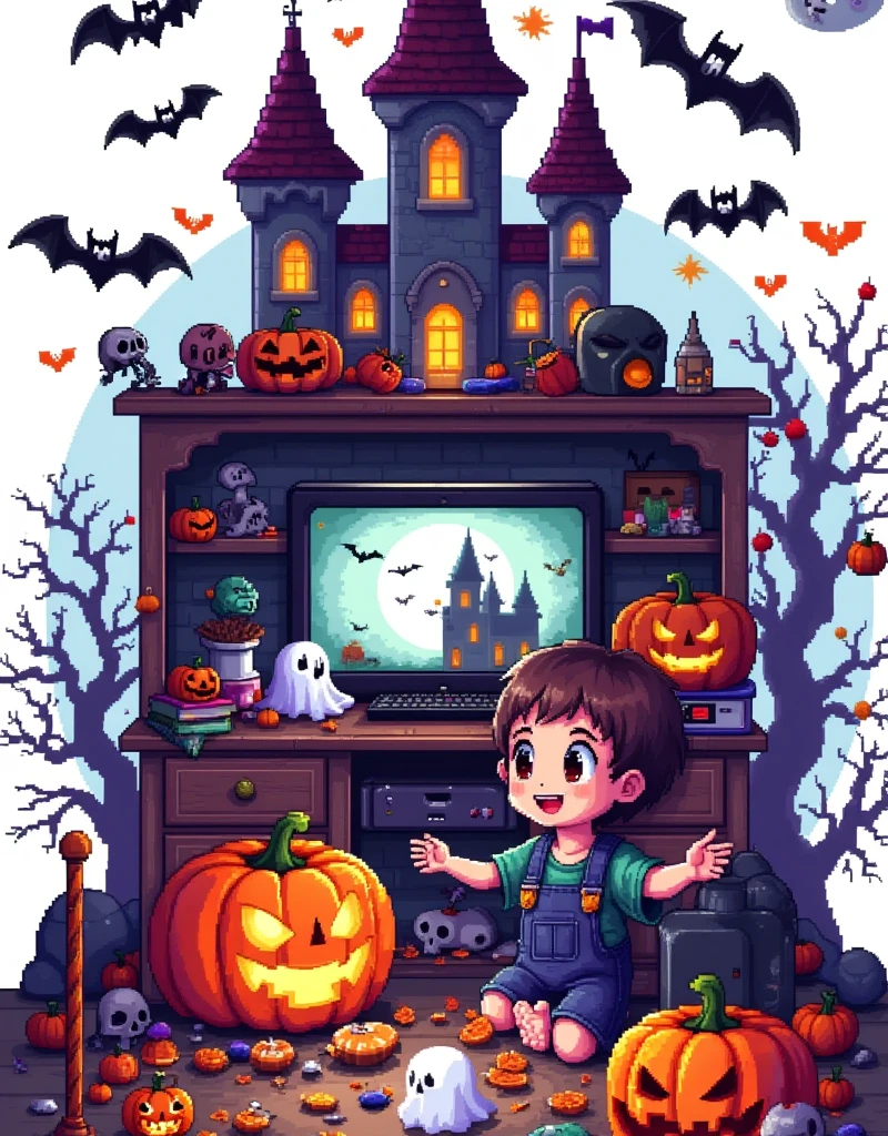 Halloween，(Pixel World:1.3)， A kid is playing video games in the room， Little Pumpkin Monster accompanies him ，Halloween饰品，ghost，Skeleton，Mechanical bats，Will-O-Wisp，Halloween道具，Pure white background，The Q version is cute，Intense，Warm fantasy ， 90s FC red and white pixel game ，Dopamineism，Dopamine color matching，Facing the screen，High Saturation， high contrast ， high definition，8k，Extreme details，( pixel style )