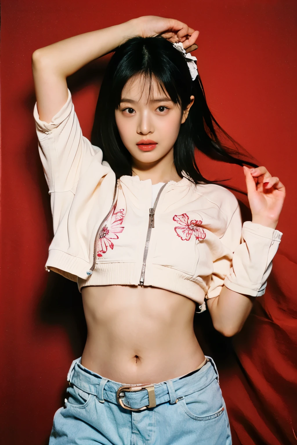 half nude, show half naked, vagina shaved show off, nsfw, Real photo of a Korean girl with fair skin and beauty lying on her back on a red bed , show off , flash , medium breast, nipple detailed, Her entire body faces the camera, both arms straight up and both legs straight down,wearing a red short sports bra with a calm Kelvin pattern and red panties with a calm Kelvin pattern , wearing a sports jacket, small navel, wearing white glasses, wearing a white belt on his pants , wearing a white flower headband, his gaze looks into the camera, the area around the navel is wide, sexual facial expression , with raising both eyebrows and flushed cheeks and mouth saying "Ah", furrowing her browhe area around the navel is wide, sexual facial expression with closed eyes, with raising both eyebrows and flushed cheeks and mouth saying "Ah", furrowing her brow