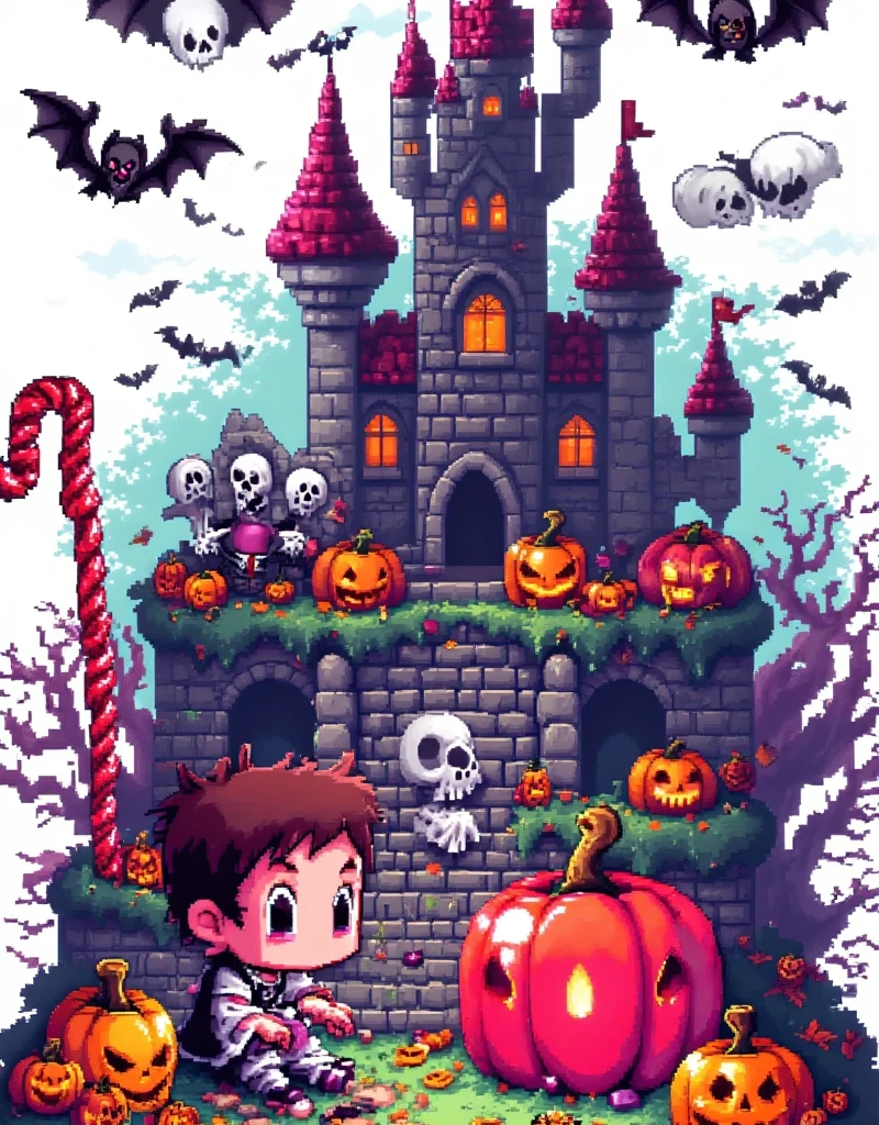 Halloween，(Pixel World:1.3)， A kid is playing video games in the room， Little Pumpkin Monster accompanies him ，Halloween饰品，ghost，Skeleton，Mechanical bats，Will-O-Wisp，Halloween道具，Pure white background，The Q version is cute，Intense，Warm fantasy ， 90s FC red and white pixel game ，Dopamineism，Dopamine color matching，Facing the screen，High Saturation， high contrast ， high definition，8k，Extreme details，( pixel style )