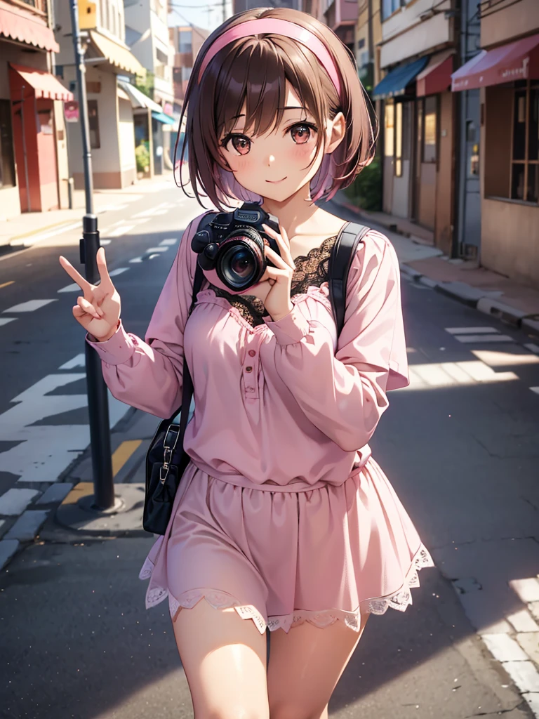  Kampala,cute, Brown Eyes ,Brown Hair,20-year-old woman,solo,Five beautiful fingers, pink blouse with lace , black miniskirt with lace, pink hair band , landmine fashion,smile,B Cup, short hair,Blurred Background,bustling street,Take a picture of someone with an SLR camera,