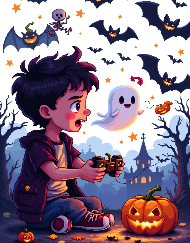 Halloween，(Pixel World:1.3)， A kid is playing video games in the room， Little Pumpkin Monster accompanies him ，Halloween饰品，ghost，Skeleton，Mechanical bats，Will-O-Wisp，Halloween道具，Pure white background，The Q version is cute，Intense，Warm fantasy ， 90s FC red and white pixel game ，Dopamineism，Dopamine color matching，Facing the screen，High Saturation， high contrast ， high definition，8k，Extreme details，( pixel style )