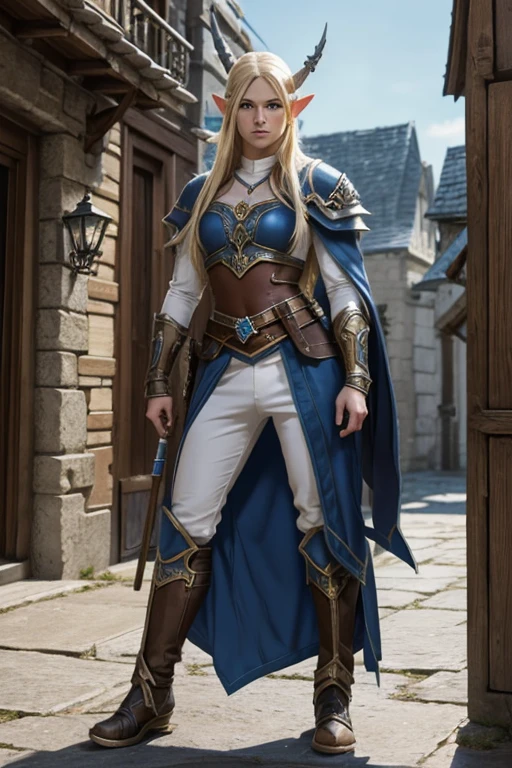  RPG character,  Half an elf , 20 ans , yeaux bleu, poids 55kg, size 1m65 , white skin , blond hair/blanc, style world of warcraft , Vetu 