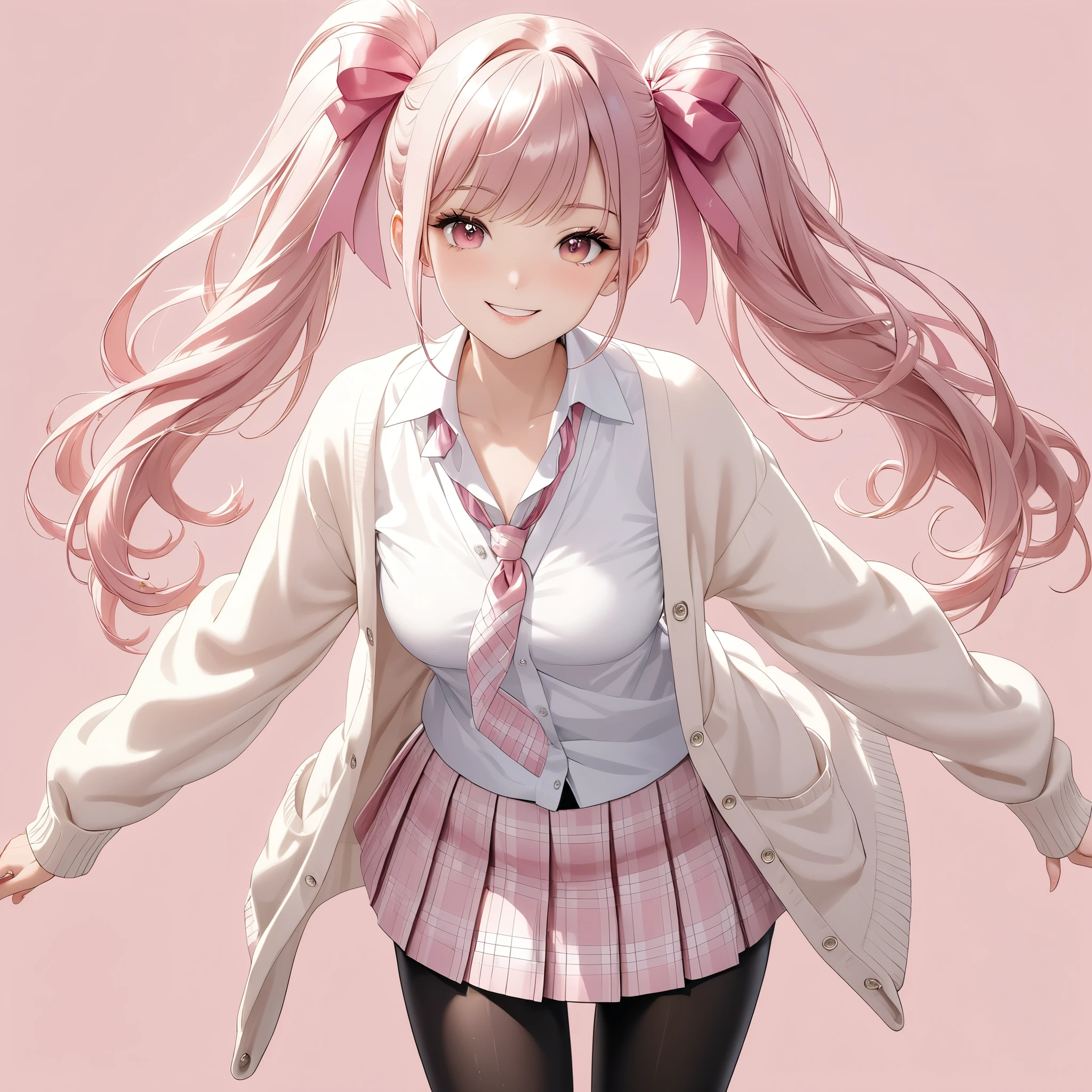 (8K, masutepiece, Best Quality, Official art, beautiful detailed, beautiful lighting, best masterpiece in history that exceeds limits), (1 Girl, Solo), (), (beautiful detailed face), (shiny white skin), (Beautiful big bust, cleavage, thighs:1.3), (beautiful detailed pink twin tails hair, Bangs:1.3), (beautiful detailed drooping pink eyes:1.5), (high school uniform:1.3), (white loose long length cardigan, overly long sleeves, open collar white shirt, pastel pink plaid pattern pleated skirt, patsel pink ribbon tie:1.3), (black_legwear, zettai_ryouiki, thigh_gap:1.2), (happy smile:1.2), (Attractive, sensational, look at viewer:1.3), (simple white plain background:1.5),