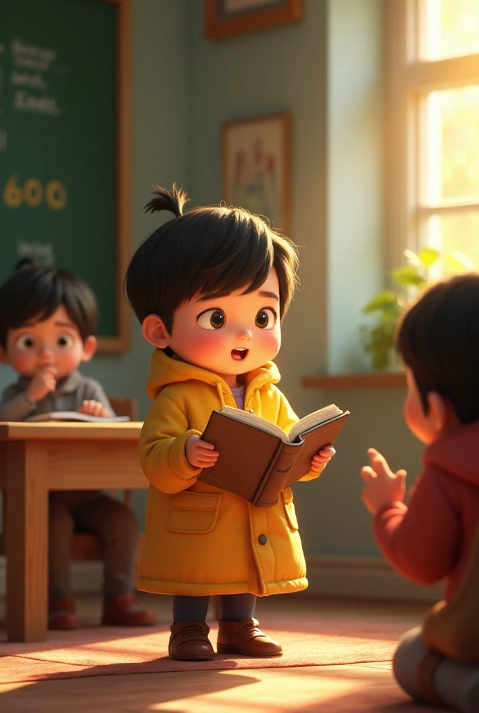 Very cute cartoon character, classroom,  Watch a teacher tell a story with friends , Unreal Engine, Warm interior lighting, Art Station, Detailed digital painting , Movie,  characters designed by Mark Rydon and Pixar and Hayao Miyazaki, Unreal 5, Daz,  surrealism ,  octane rendering 