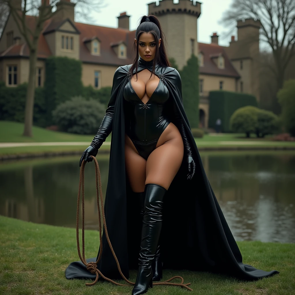Extreme wide angle shot of a beautiful Black woman dressed in a red African designed dressed, standing in a forest with red leaves pouring from the sky, moody silver lighting from the clouds giving a silver mixed with grey cinematic look, Epic large scale image with very high quality details, 32k, ultra HD, unreal engine rendered, cinematic lighting, hyper-realistic image