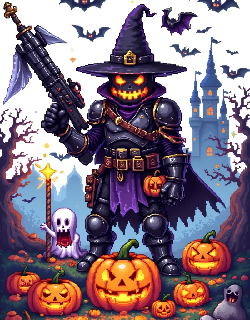 Holy Day，Pixel世界， Contra fighter ，Pumpkin mask， black combat suit ， cool guns ，万Holy Day饰品，ghost，Skeleton，Mechanical bats，Will-O-Wisp，Halloween props ，Spooky castle，Powerful monsters，Pure white background，The Q version is cute，Intense，Warm fantasy ， 90s FC red and white machine，Dopamineism， dopamine color scheme ，Facing the screen，High Saturation， high contrast ， high definition，8k，Extreme details，Pixel