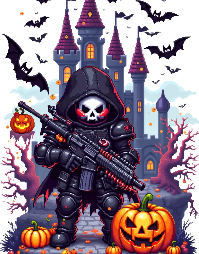 Holy Day，Pixel世界， Contra fighter ，Pumpkin mask， Black Battle Suit ， cool guns ，万Holy Day饰品，ghost，Skeleton，Mechanical bats，Will-O-Wisp，Halloween props ， Spooky Castle ，Mighty Monster ，Pure white background，The Q version is cute，Intense，Warm fantasy ， 90s FC Red and White，Dopamineism，Dopamine color matching，Facing the screen，High Saturation， high contrast ， high definition，8k，Extreme details，Pixel