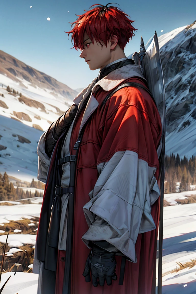 a man with stark red eyes standing in a snowy field, a village in the background, sustainable background, (best quality,4k,8k,highres,masterpiece:1.2),ultra-detailed,(realistic,photorealistic,photo-realistic:1.37),highly detailed portrait,dramatic lighting,moody atmosphere,cinematic composition,muted color palette,snow flurries,dramatic shadows,rugged facial features,piercing gaze,winter landscape