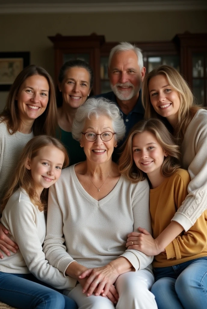 photo of middle aged woman holding baby boy standing in the middle, on the right is the eldest daughter, On the left is the youngest daughter holding her baby girl.