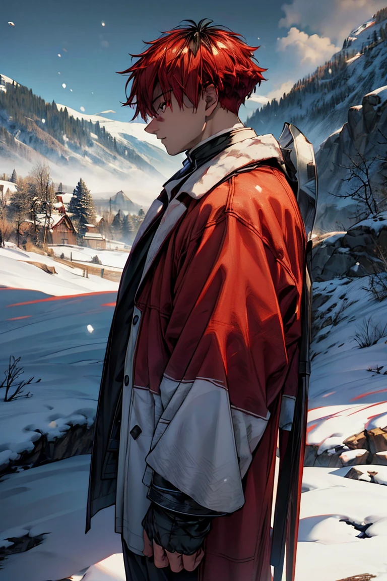 a man with stark red eyes standing in a snowy field, a village in the background, sustainable background, (best quality,4k,8k,highres,masterpiece:1.2),ultra-detailed,highly detailed portrait,dramatic lighting,moody atmosphere,cinematic composition,muted color palette,snow flurries,dramatic shadows,rugged facial features,piercing gaze,winter landscape
