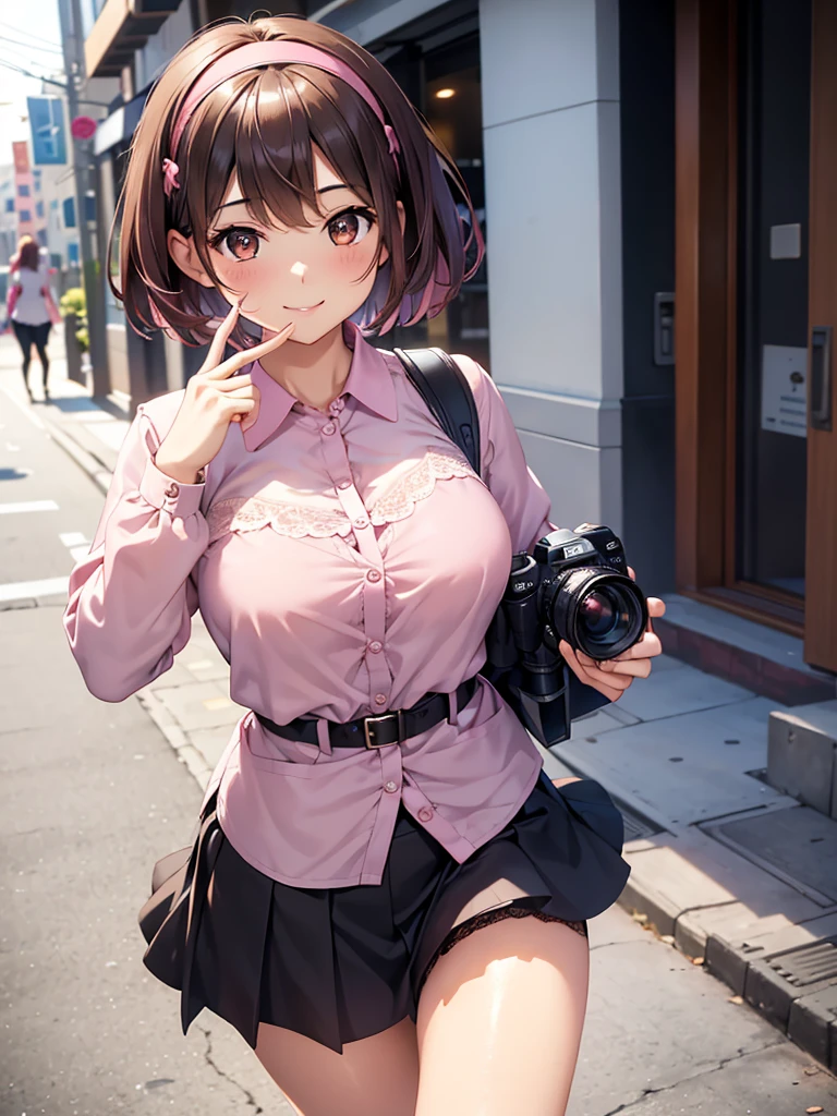  Kampala,cute, Brown Eyes ,Brown Hair,20-year-old woman,solo,Five beautiful fingers, pink blouse with lace , black miniskirt with lace, pink hair band , landmine fashion,smile,B Cup, short hair,Blurred Background,bustling street,Take a picture of someone with an SLR camera,