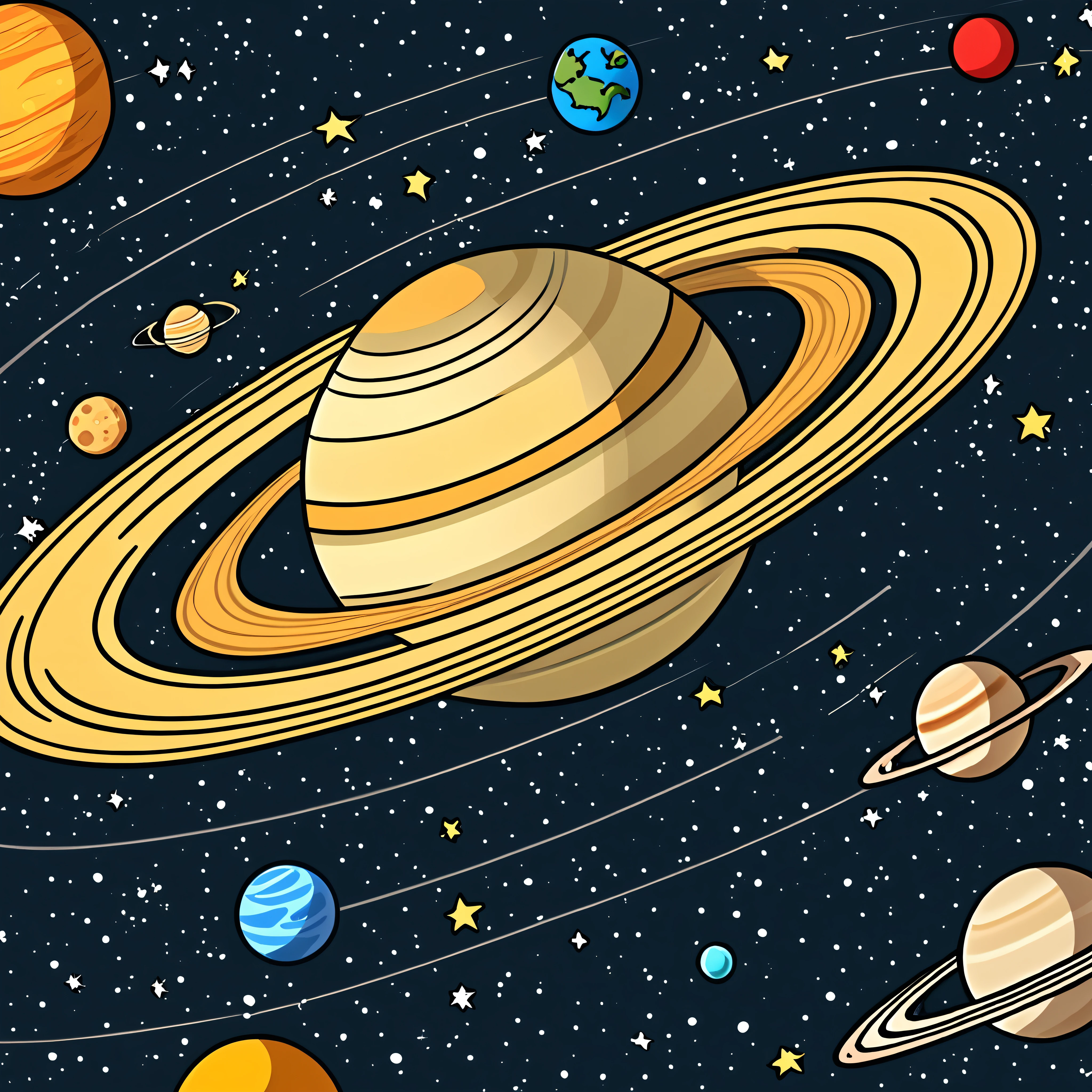 Saturn，Planet，Cartoon doodle，Vector，American comic style， Earth planet，reality，Saturn star ，Solar Planet 