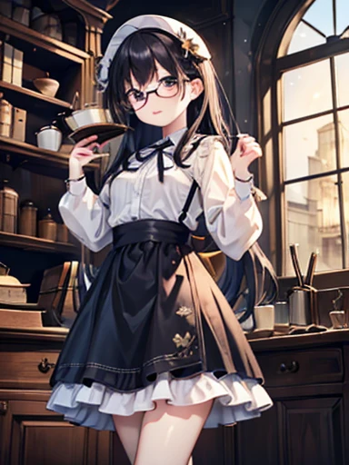 masterpiece, Best Quality,  very detailed , 16k,   super high resolution  ,  cowboy shot , Detailed face, Perfect fingers,  woman,  Black Eyes,  Black Hair ,  shortcuts, Glasses, (Blue Apron Dress:1.2,  white blouse:1.2,  flared skirt :1.2, drawer:1.2, black shoes:1.2), Gorgeous Western-style building, library, Bookshelf, table, Black tea, cake, From below:1.5, big chest、 long hair、