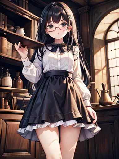 masterpiece, Best Quality,  very detailed , 16k,   super high resolution  ,  cowboy shot , Detailed face, Perfect fingers,  woman,  Black Eyes,  Black Hair ,  shortcuts, Glasses, (Blue Apron Dress:1.2,  white blouse:1.2,  flared skirt :1.2, drawer:1.2, black shoes:1.2), Gorgeous Western-style building, library, Bookshelf, table, Black tea, cake, From below:1.5, big chest、 long hair、