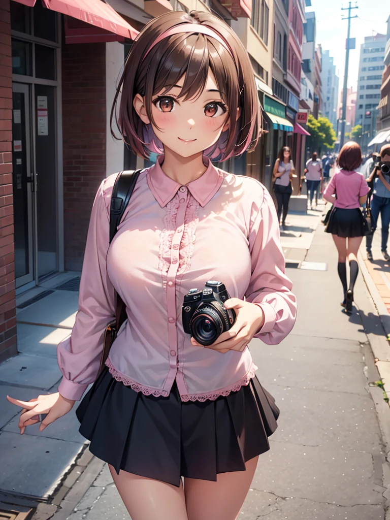  Kampala,cute, Brown Eyes ,Brown Hair,20-year-old woman,solo,Five beautiful fingers, pink blouse with lace , black miniskirt with lace holding a SLR camera, pink hair band , landmine fashion,smile,B Cup, short hair,Blurred Background,bustling street,Take a picture of someone with an SLR camera,