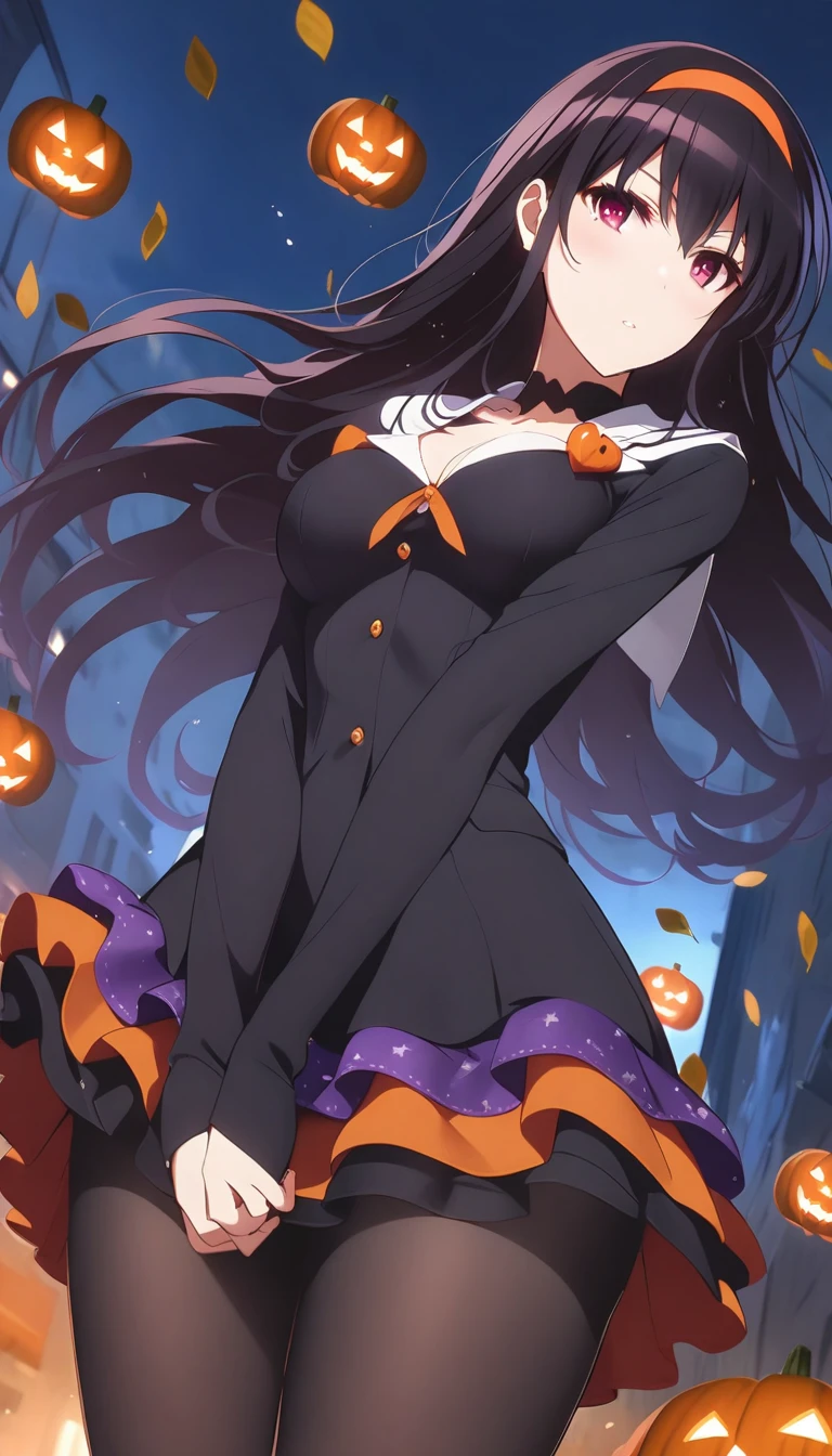 breathtaking ,intellectual and elegant，Alya,Create an enchanting anime-style illustration of a beautiful woman with flowing black hair, dressed in an elaborate Halloween costume.