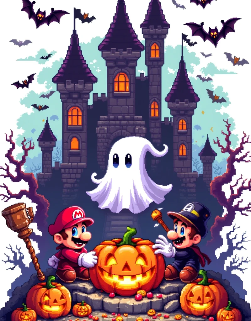 Halloween，Pixel世界， Super Mario ，Pumpkin Hat ， Ghost Cloak ， Magic Hammer ，Halloween饰品， Magic Pumpkin Lamp，Small bats，White Ghost，Halloween candy，Horror Castle，monster，Pure white background，The Q version is cute， Mysterious Thrill ，Warm fantasy ， 90s FC red and white machine，Dopamineism， dopamine color scheme ，Facing the screen，High Saturation， high contrast ， high definition，8k，Extreme details，Pixel