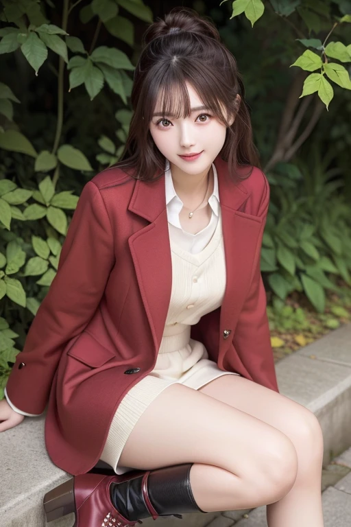 Japanese model wearing a red coat and black boots sitting on a yellow leaf,  Elegant Japanese woman,   wearing a red jacket , Cute Japanese Actress,  looking at the camera 、Detailed and beautiful eyes、Cute smile、A soft and gentle look