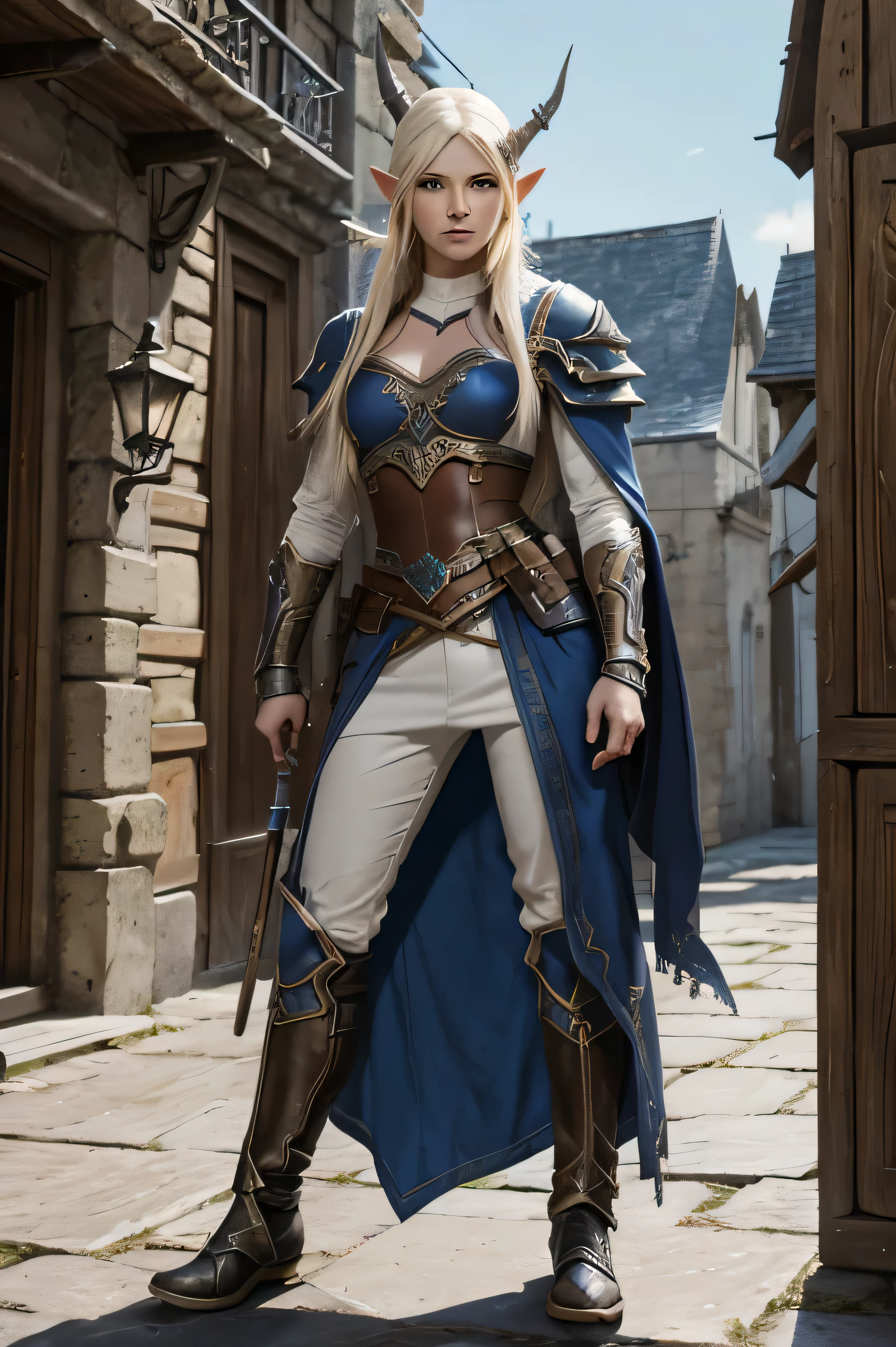 personnage de rpg, Une demi elfe , 20 ans , yeaux bleu, poids 55kg, taille 1m65, peau blanche , cheveux blond/blanc, style world of warcraft , habillée, pas de cornes, équipé d'un baton sacrée à deux mains 