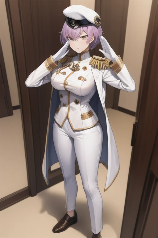 masterpiece,  best quality , Aegis Leona, White Beret, White coat, Epaulettes,   military uniform  ,   white pants , Brown shoes,  in the center standing,  watching viewers,  Furrowed brow , Large Breasts, salute, Alone, corridor