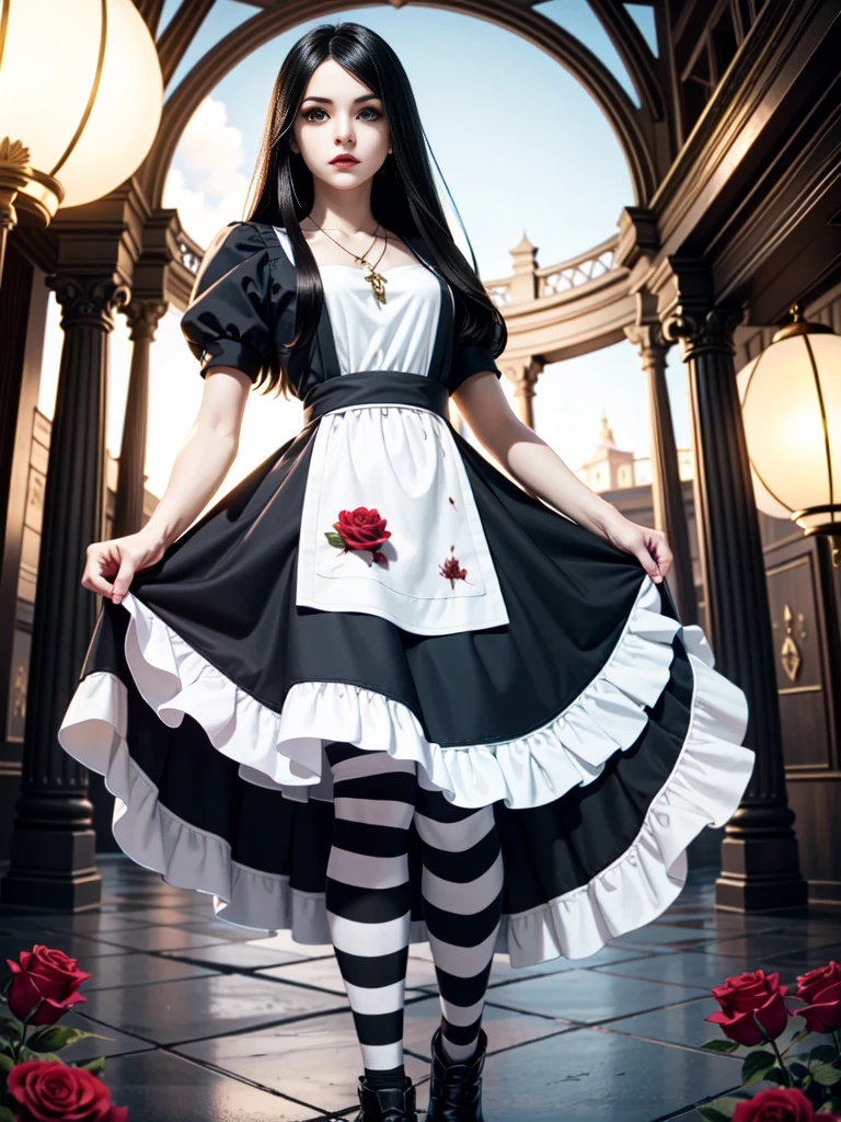 (masterpiece,  Best quality )
, 1 girl, One,  black hair , flower, dress, rose, Blood,  Long hair,  jewelry , apron, necklace,  green eyes , moon, red flower, red rose , 1 girl, One,  black hair , flower,  hair ornament , hair flower, pale skin, draw,  Long hair,  green eyes , dress, pomade, necklace,  jewelry , rose,  I look at the viewer, red lips ,masterpiece,  Best quality ,   cinematic lighting  , American McGee's Alice. Alice: Madness Returns , 1 girl,  black hair , butterfly, striped,  Long hair, One, error, tights, striped tights, dress, Blood, apron, draw,masterpiece,  Best quality ,   cinematic lighting  ,  black hair ,beautiful legs,nice waist,beautiful figure,slender legs,different angles,  Sexual angles ,beautiful face,quality face ,сексуальная девушка Alice,close up view,medium breasts,slim sexy legs in black and white stockings.