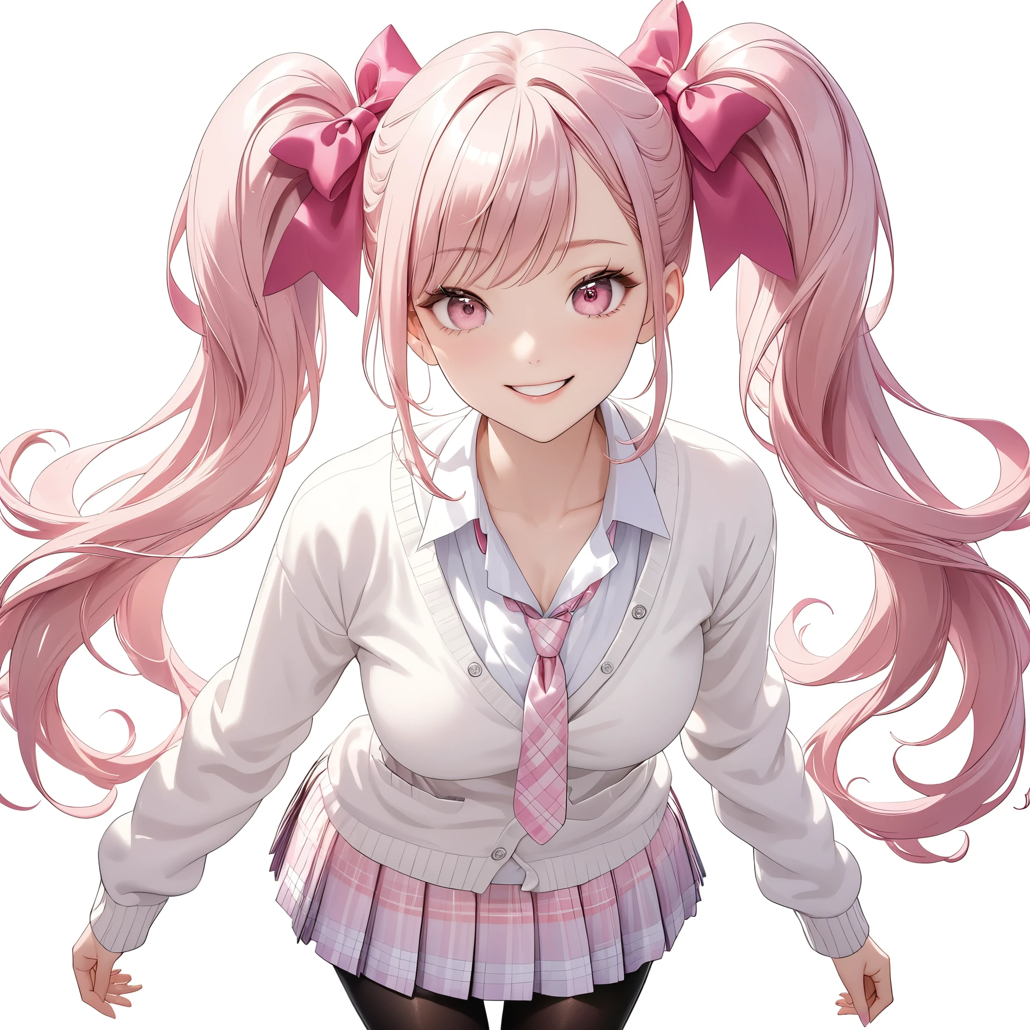 (8K, masutepiece, Best Quality, Official art, beautiful detailed, beautiful lighting, best masterpiece in history that exceeds limits), (1 Girl, Solo), (), (beautiful detailed face), (shiny white skin), (Beautiful big bust, cleavage, thighs:1.3), (beautiful detailed pink twin tails hair, Bangs:1.3), (beautiful detailed drooping pink eyes:1.5), (high school uniform:1.3), (white loose long length cardigan, overly long sleeves, open collar white shirt, pastel pink plaid pattern pleated skirt, patsel pink ribbon tie:1.3), (black_legwear, zettai_ryouiki, thigh_gap:1.2), (happy smile:1.2), (Attractive, sensational, look at viewer:1.3), (simple white plain background:1.5),